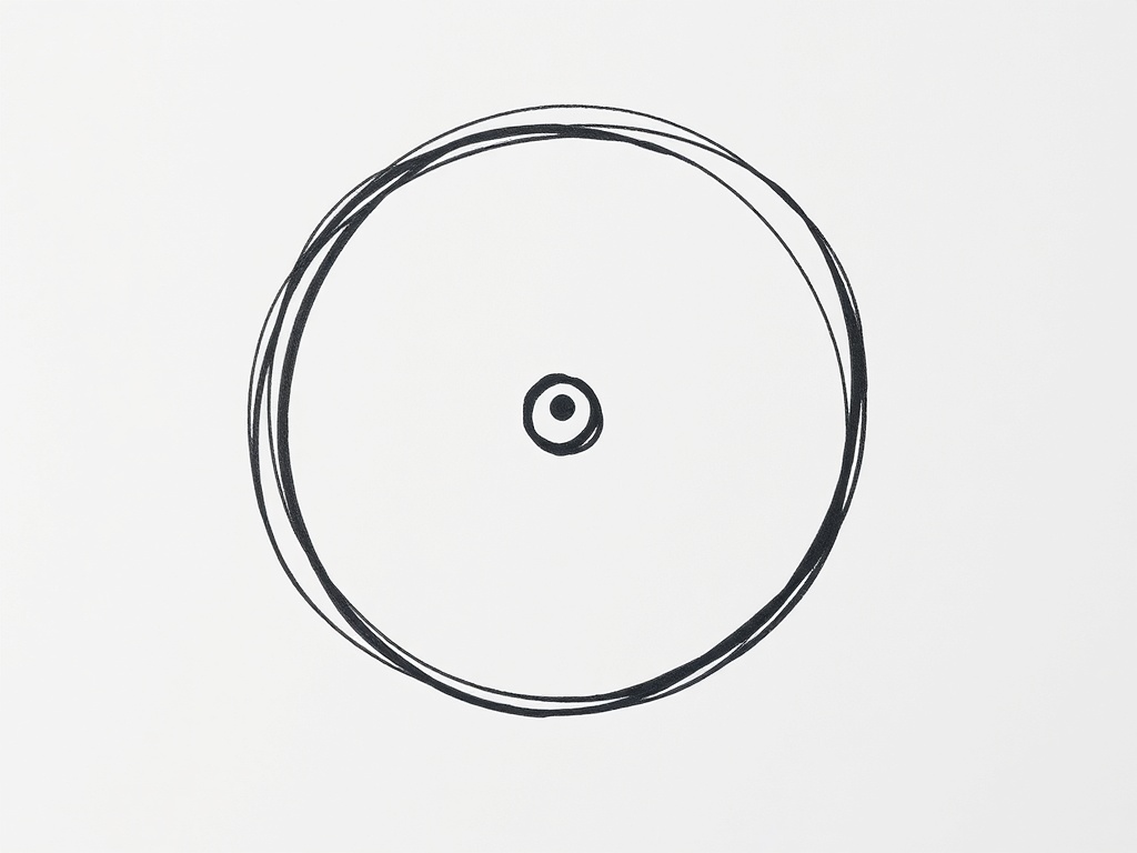 Close-up of a hand-drawn circle with a central dot on a clean white paper, black ink, minimalist, with subtle paper texture. 8k, commercial photography.